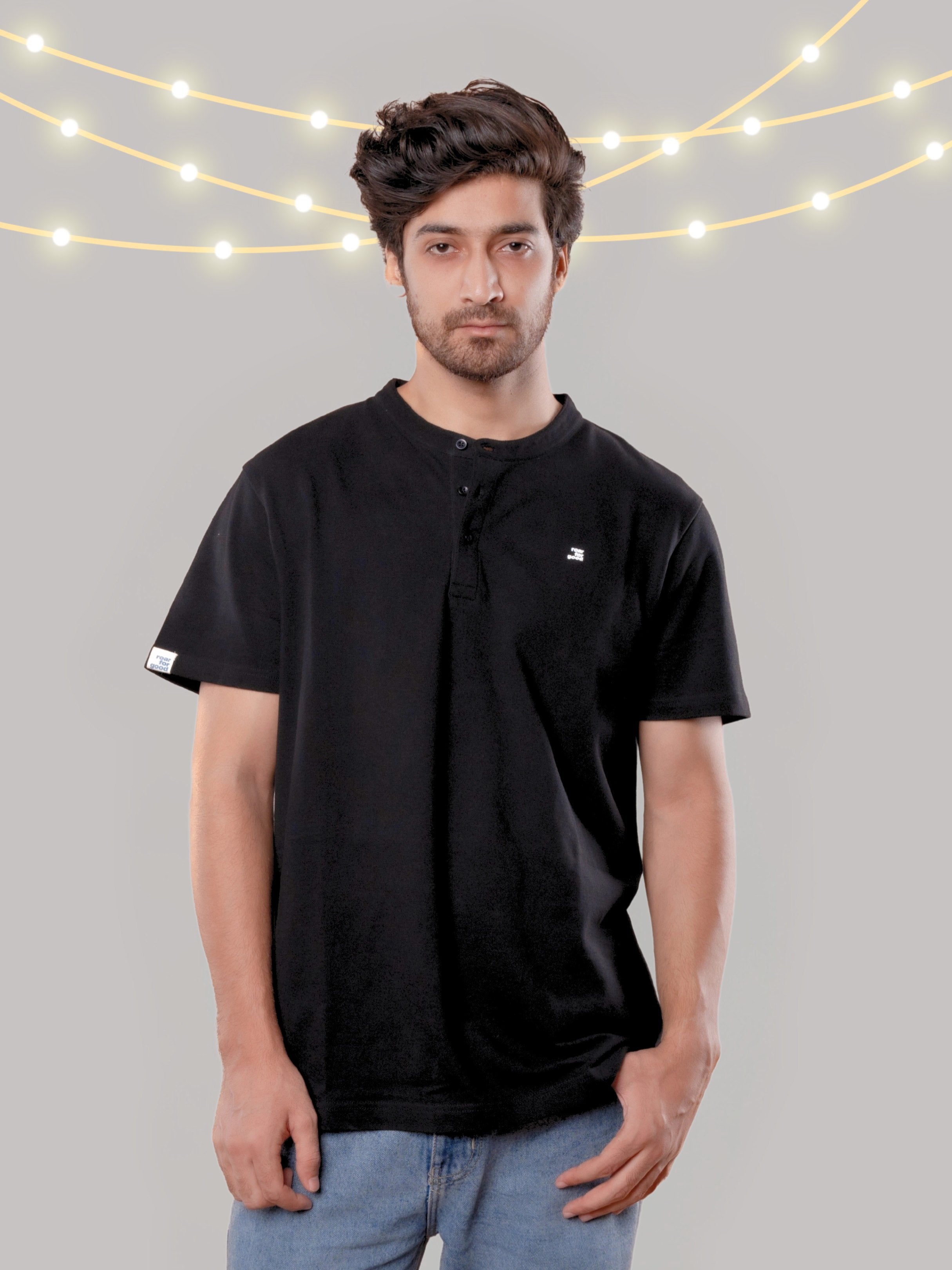 Black Henley Neckline Half T-Shirt