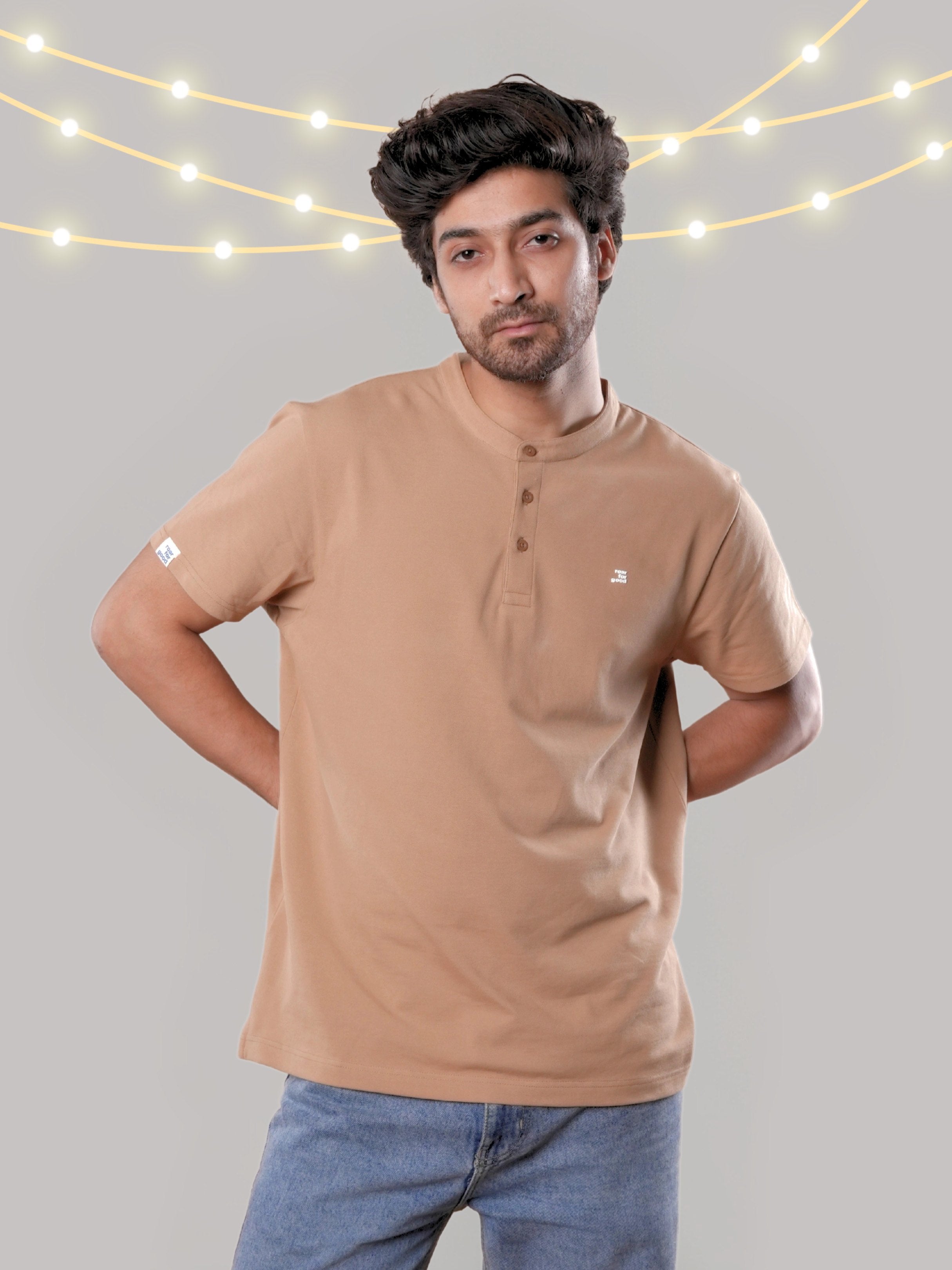 Roar Light Brown Organic Cotton Henley Neckline Half Sleeve T-Shirt