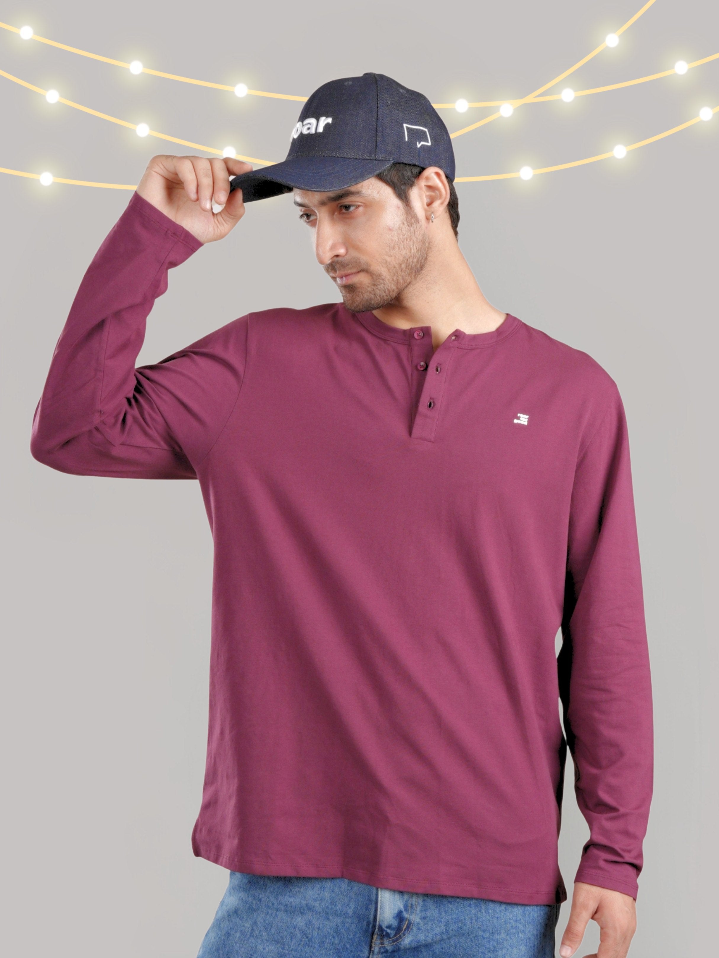 Roar Maroon Organic Cotton Henley Full Sleeve T-Shirt