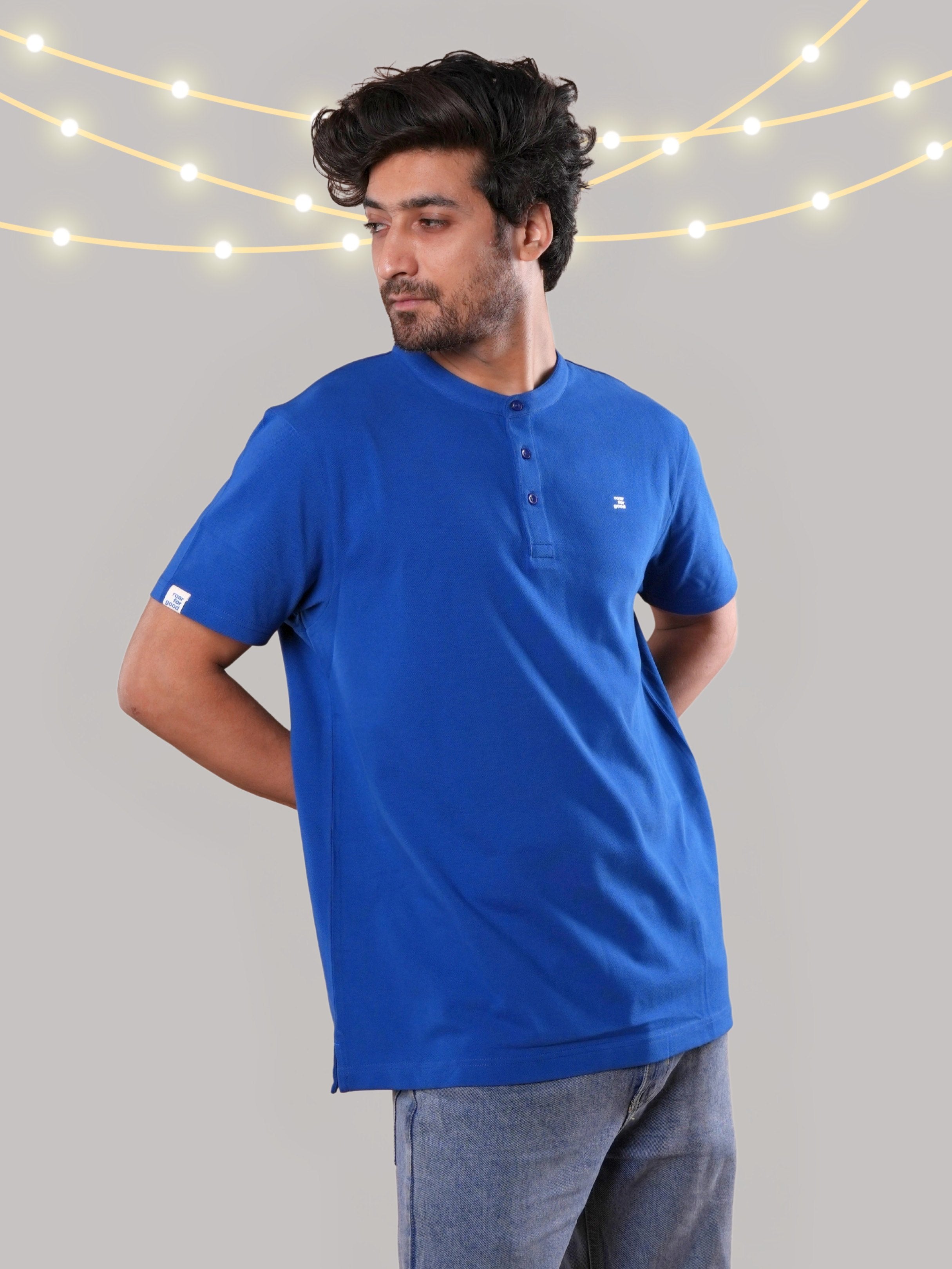 Roar Blue Organic Cotton Henley Full Sleeve T-Shirt