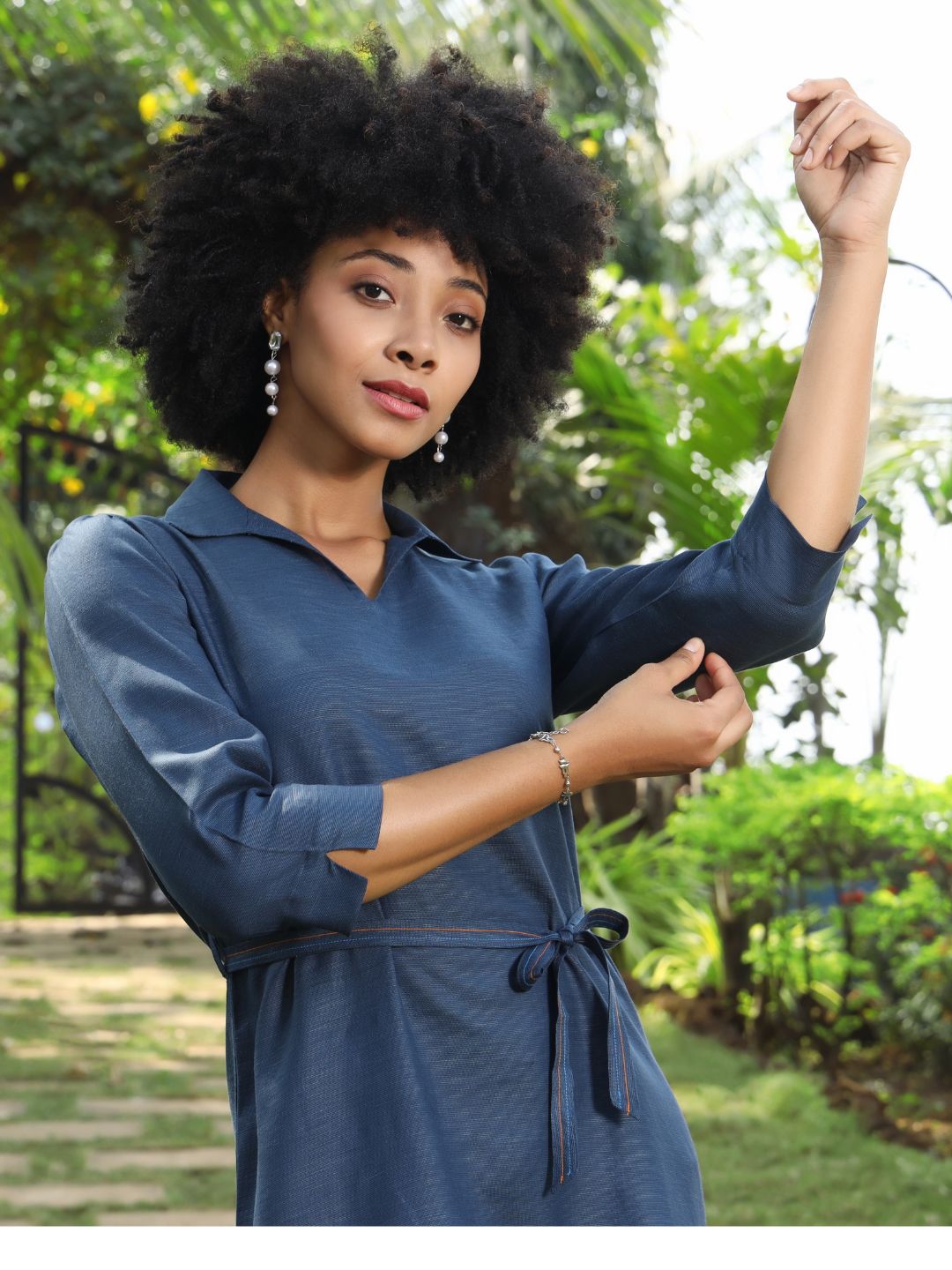 Women's Hemp Pintuck Dress with Waist Lace