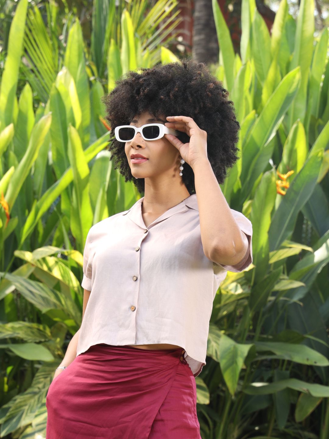 Women's Hemp Half Sleeve Cuban Collar Shirt with Coco Button