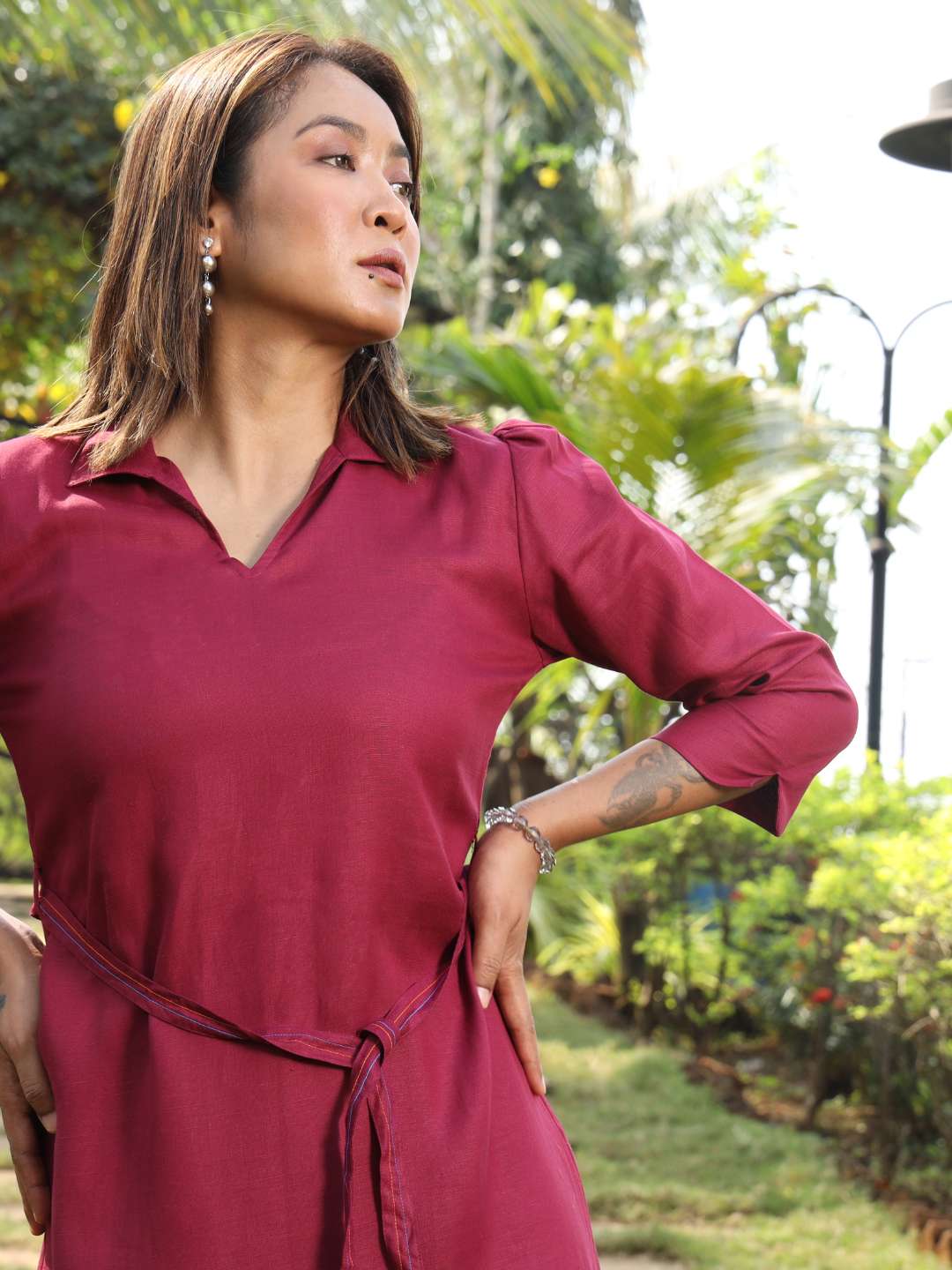 Women's Hemp Pintuck Dress with Waist Lace
