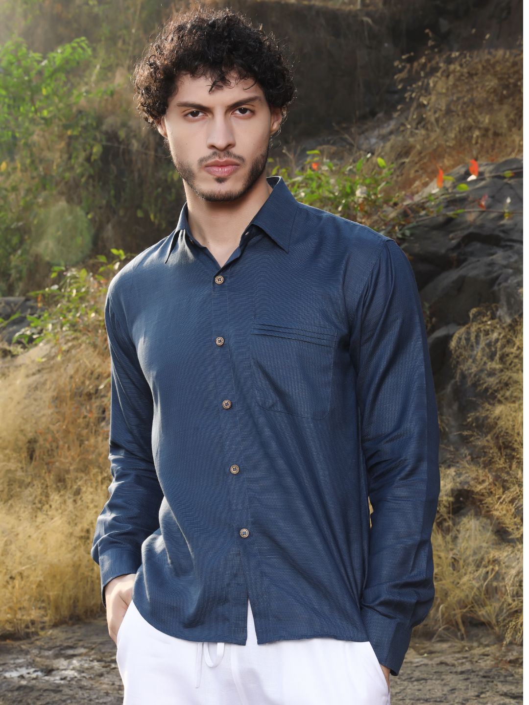 Hemp Full Sleeve Spread Collar Shirt with Pintuck Pocket & Coco Button
