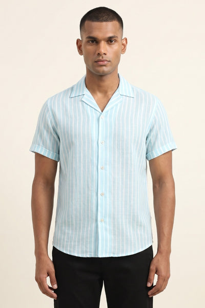 Hemp Half Sleeve Cuban Collar Blue Stripe Shirt