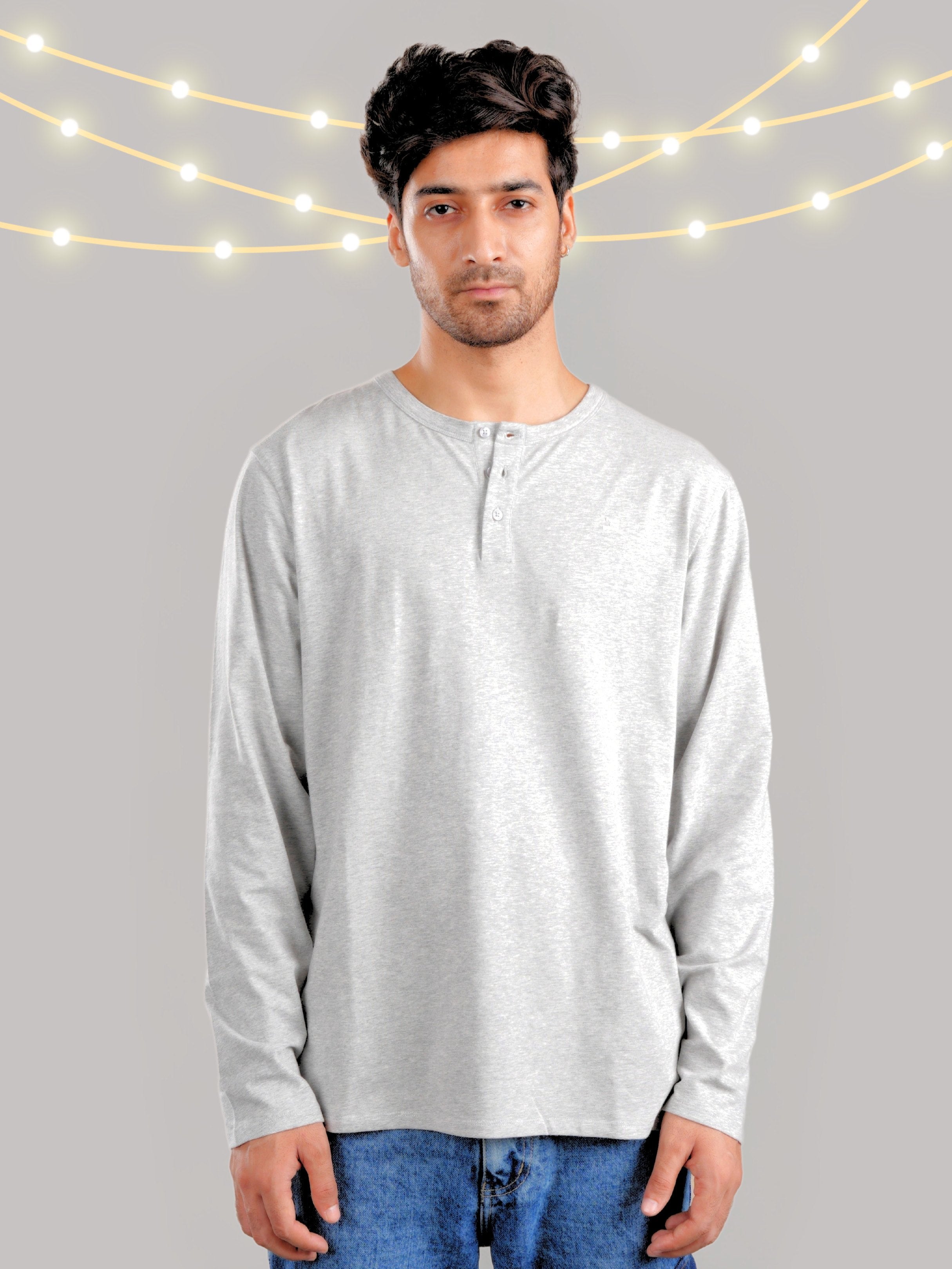Roar Light Grey Melange Organic Cotton Henley Full Sleeve T-Shirt