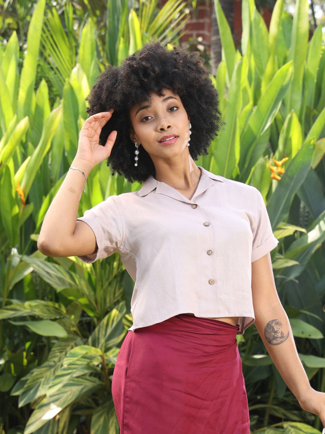Women's Hemp Half Sleeve Cuban Collar Shirt with Coco Button