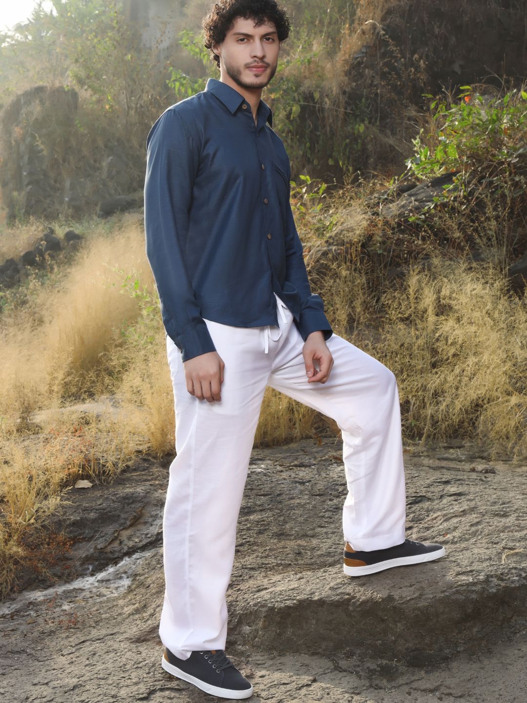 Hemp Full Sleeve Spread Collar Shirt with Pintuck Pocket & Coco Button