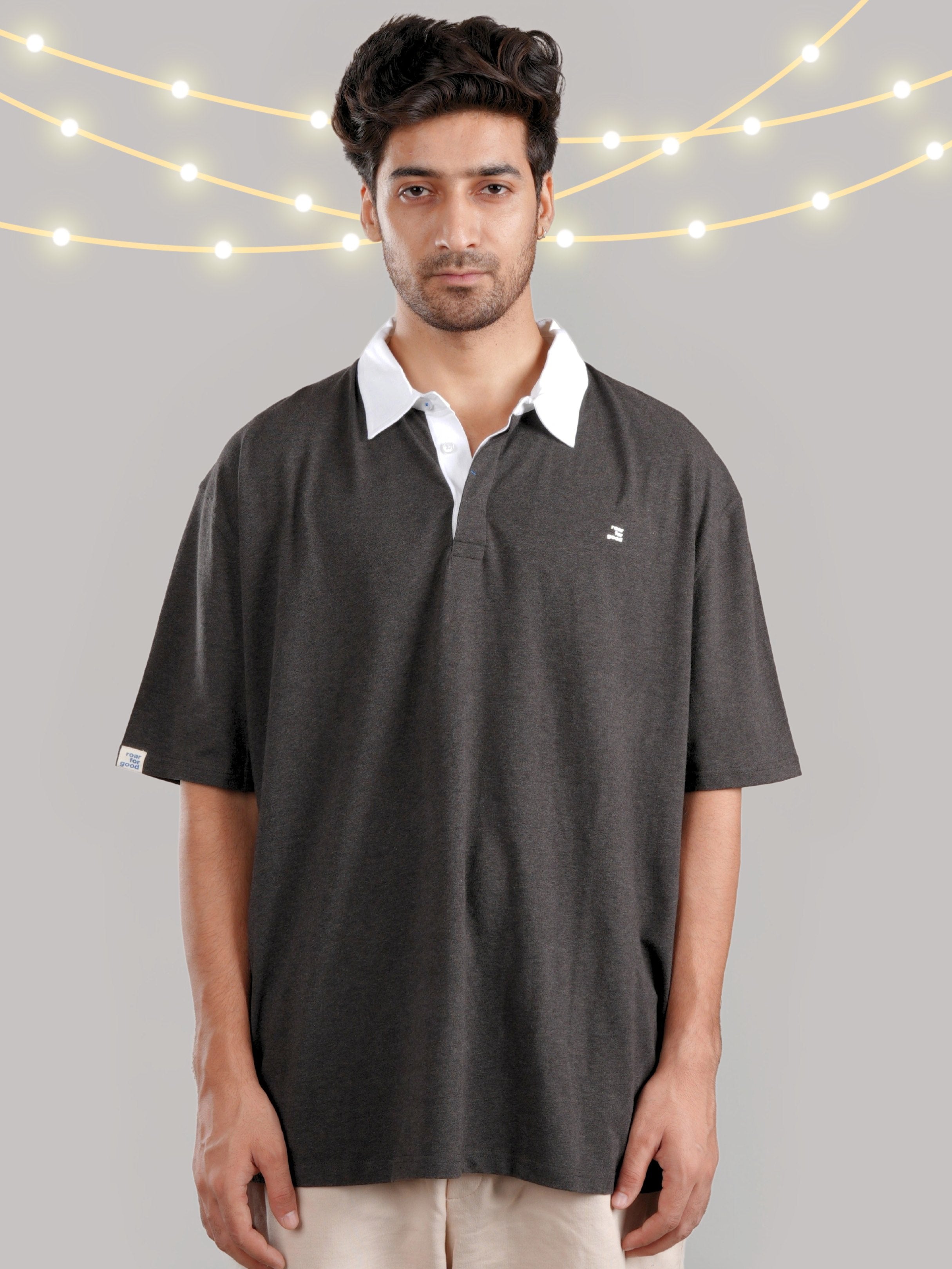Roar Charcoal Melange Organic Cotton Men's Oversize T-Shirt with Twill Collar