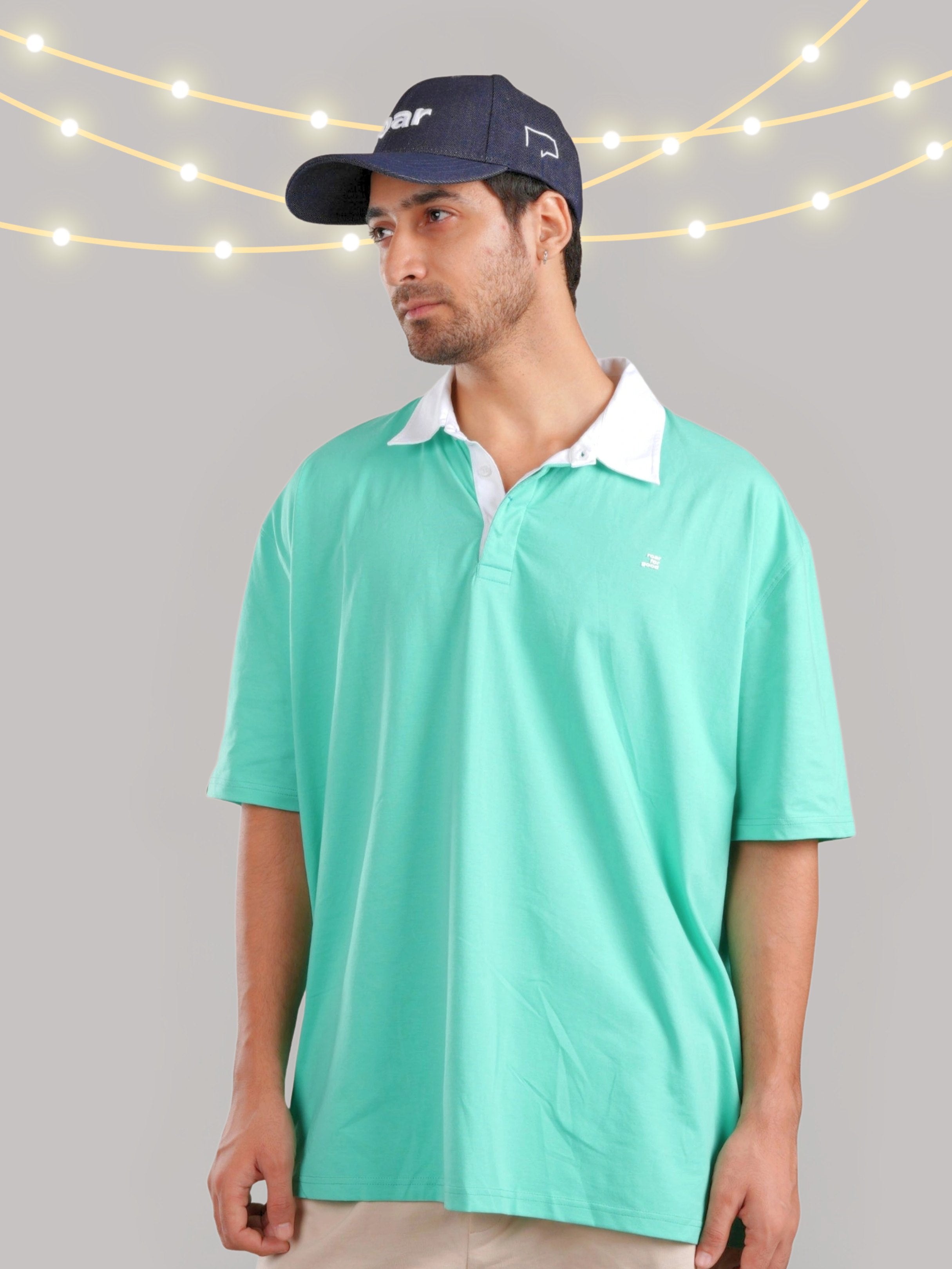 Roar Holly Green Organic Cotton Men's Oversize T-Shirt with Twill Collar