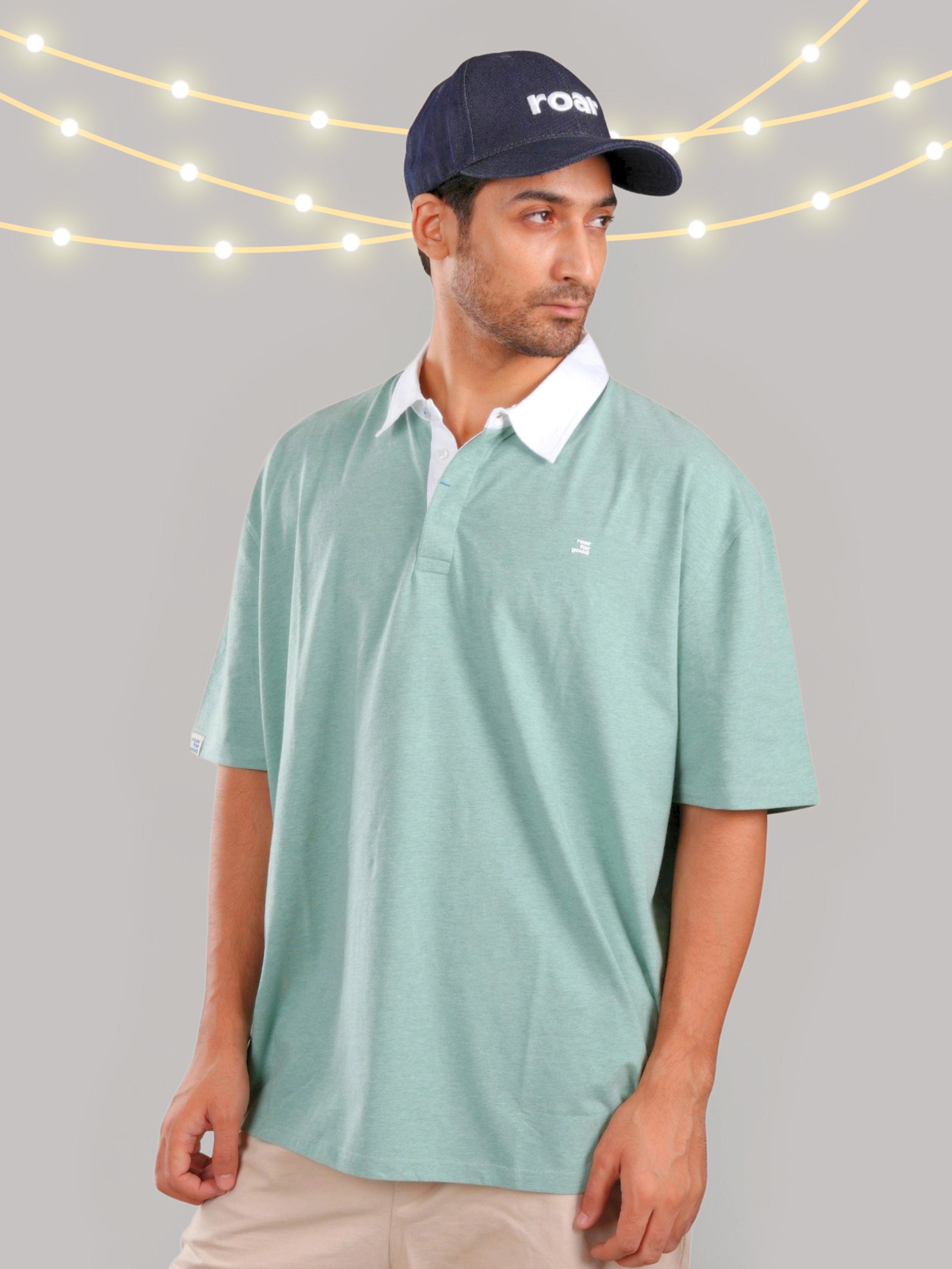 Roar Green Melange Organic Cotton Men's Oversize T-Shirt with Twill Collar