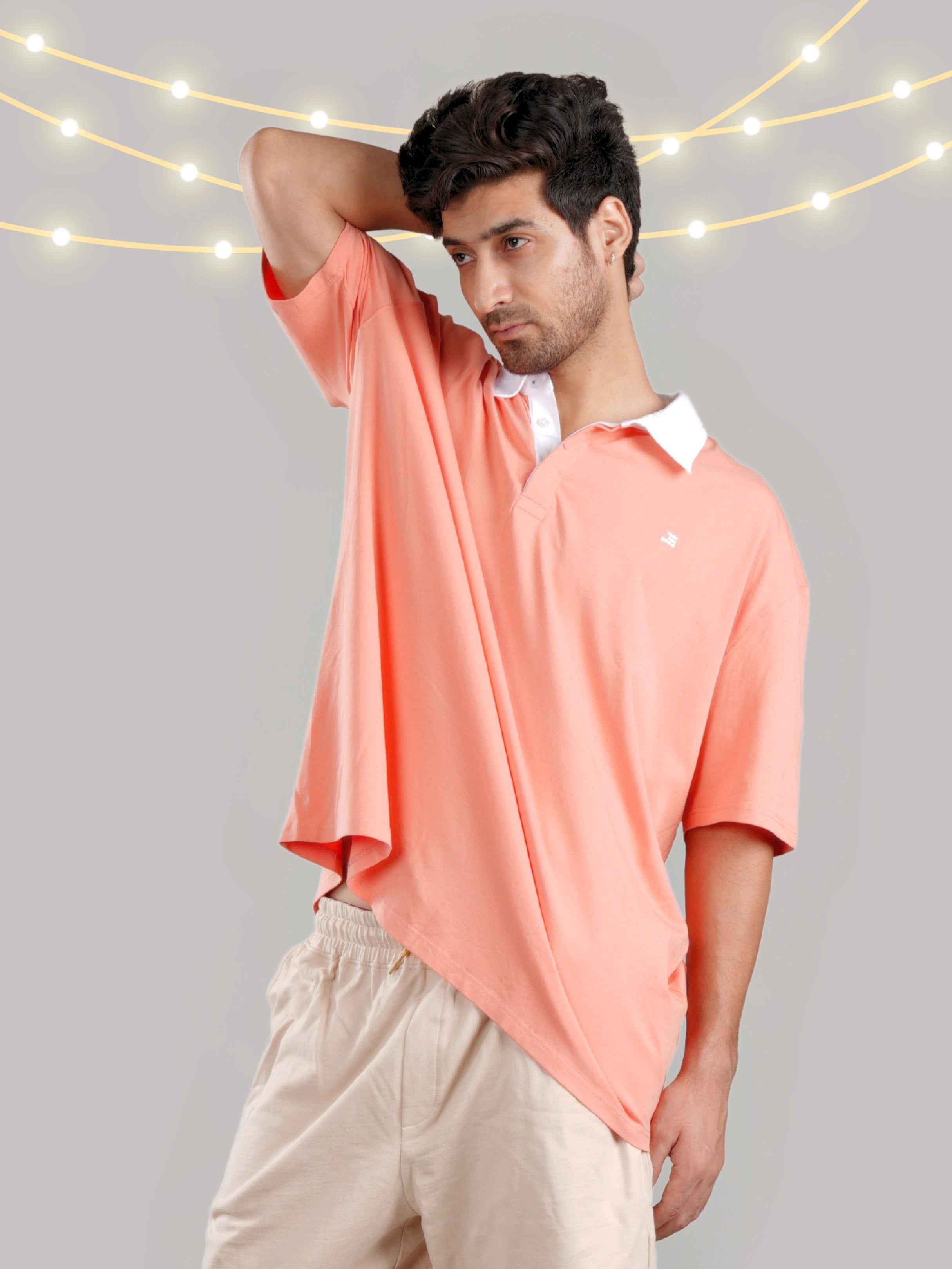 Roar Peach Organic Cotton Men's Oversize T-Shirt with Twill Collar