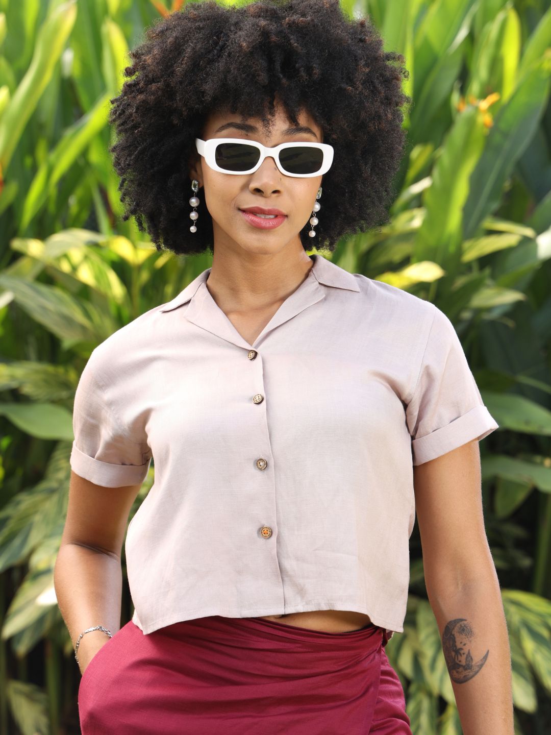 Women's Hemp Half Sleeve Cuban Collar Shirt with Coco Button