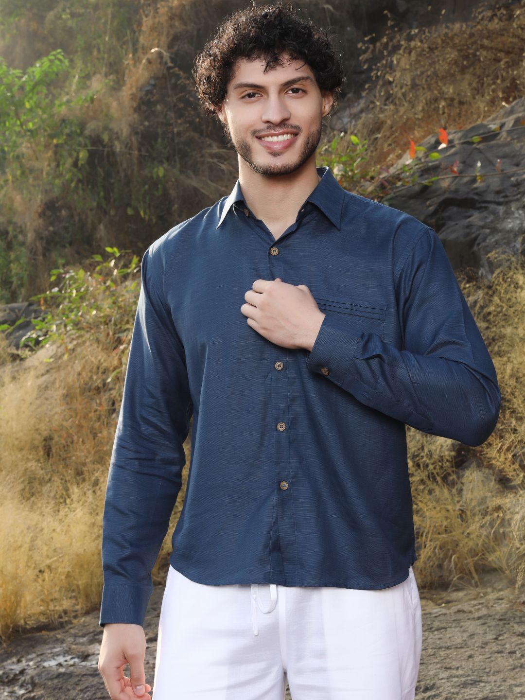 Hemp Full Sleeve Spread Collar Shirt with Pintuck Pocket