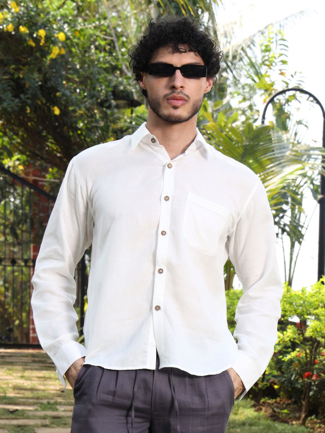 Hemp Full Sleeve Spread Collar Shirt with Pintuck Pocket