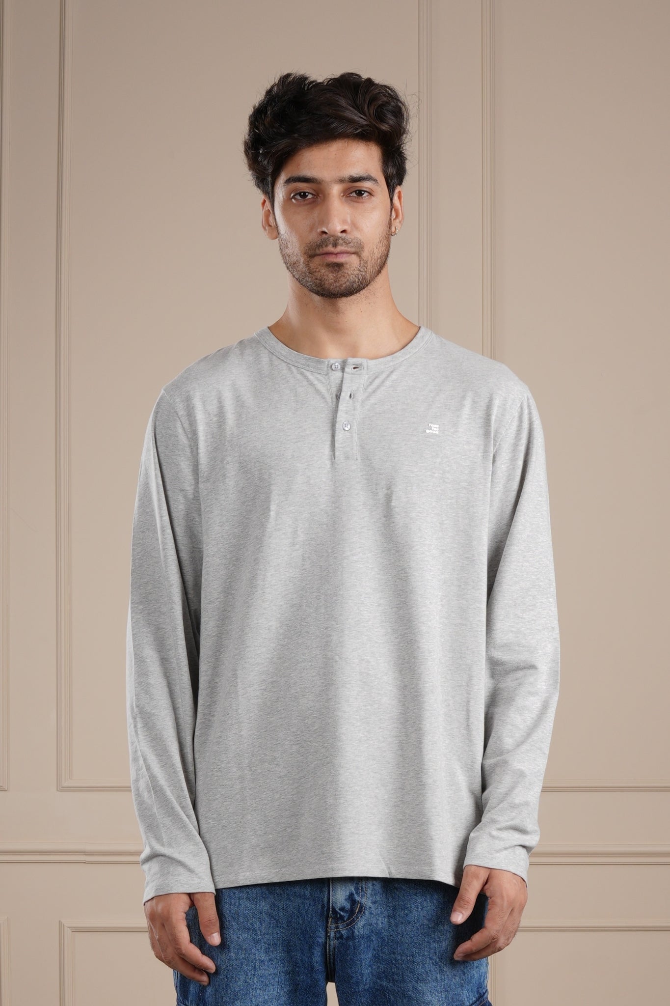 Roar Light Grey Melange Organic Cotton Henley Full Sleeve T-Shirt